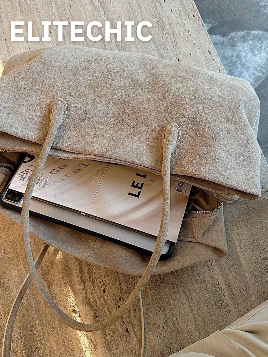 Túi tote da lộn be đựng laptop và tạp chí
