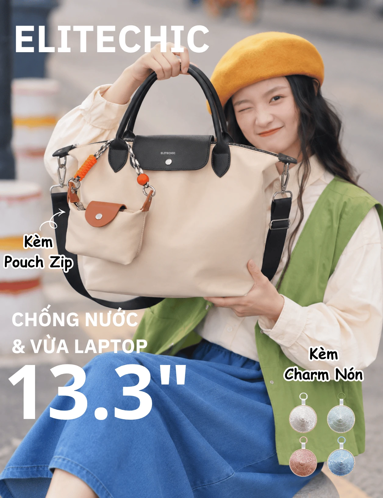 Túi tote nylon màu kem chống nước, vừa laptop 13.3 inch