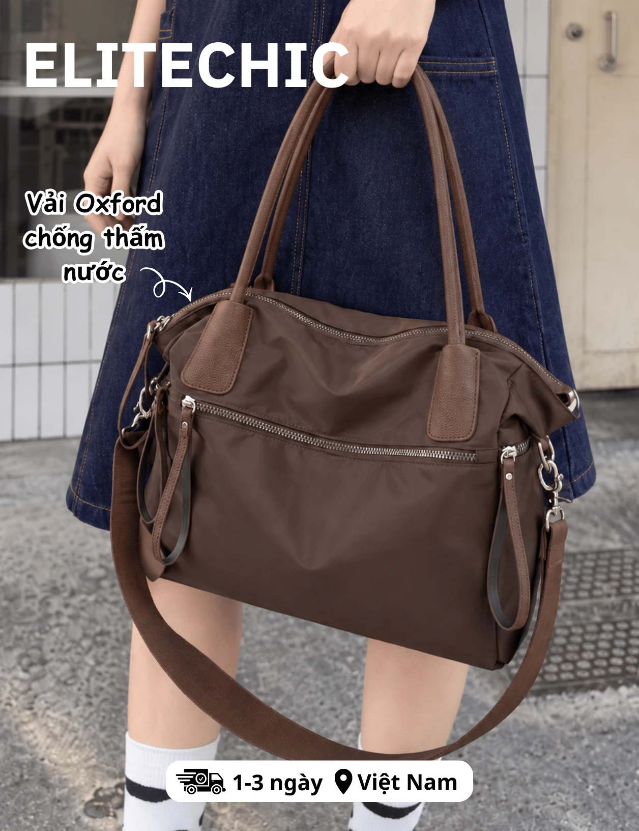Túi vải Oxford màu nâu bò, đựng vừa laptop 13–14 inch